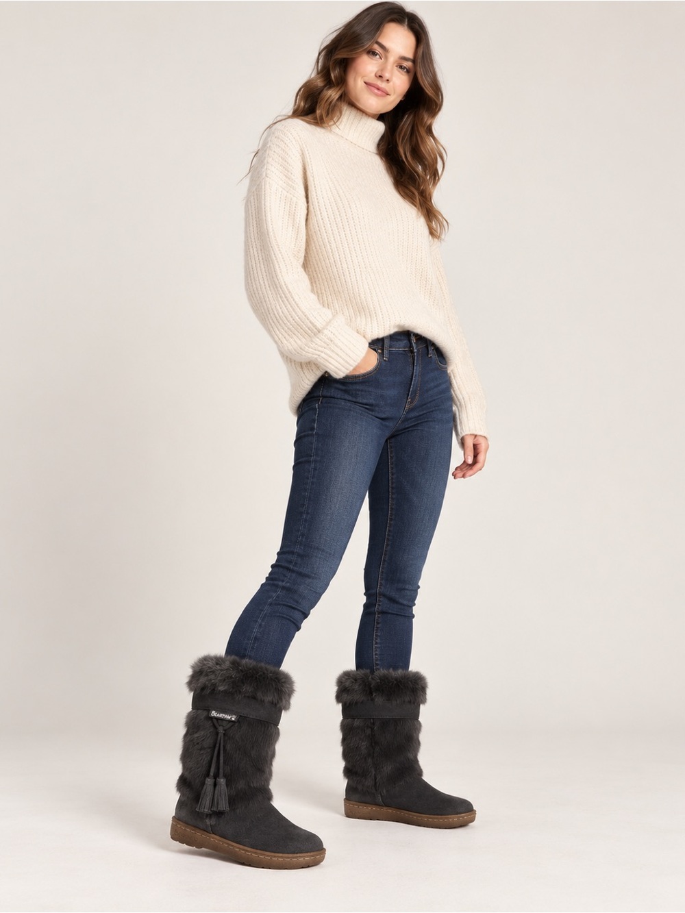 BearPaw Women's Gray Faux-Fur Mid-Calf Booties